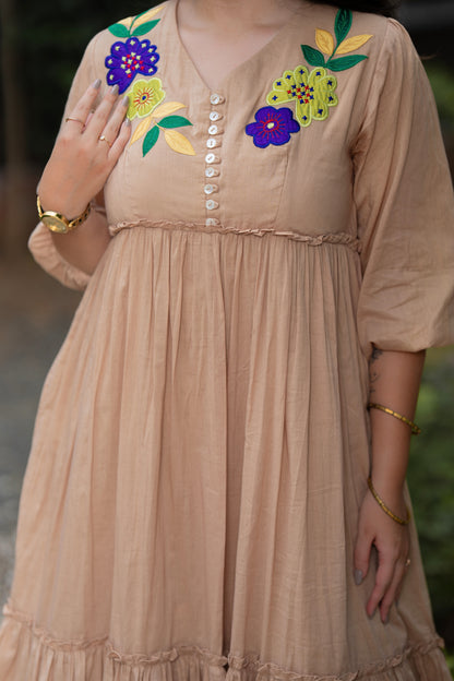 Beautiful Beige Mulmul Floral Dress