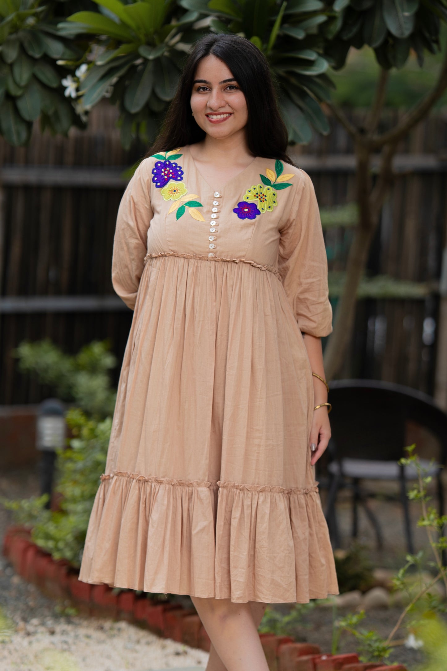 Beautiful Beige Mulmul Floral Dress
