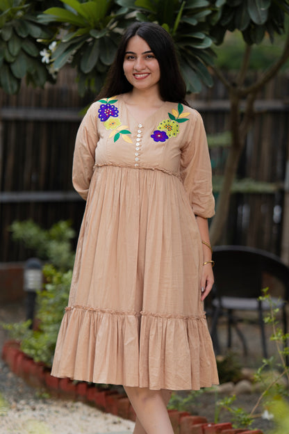 Beautiful Beige Mulmul Floral Dress
