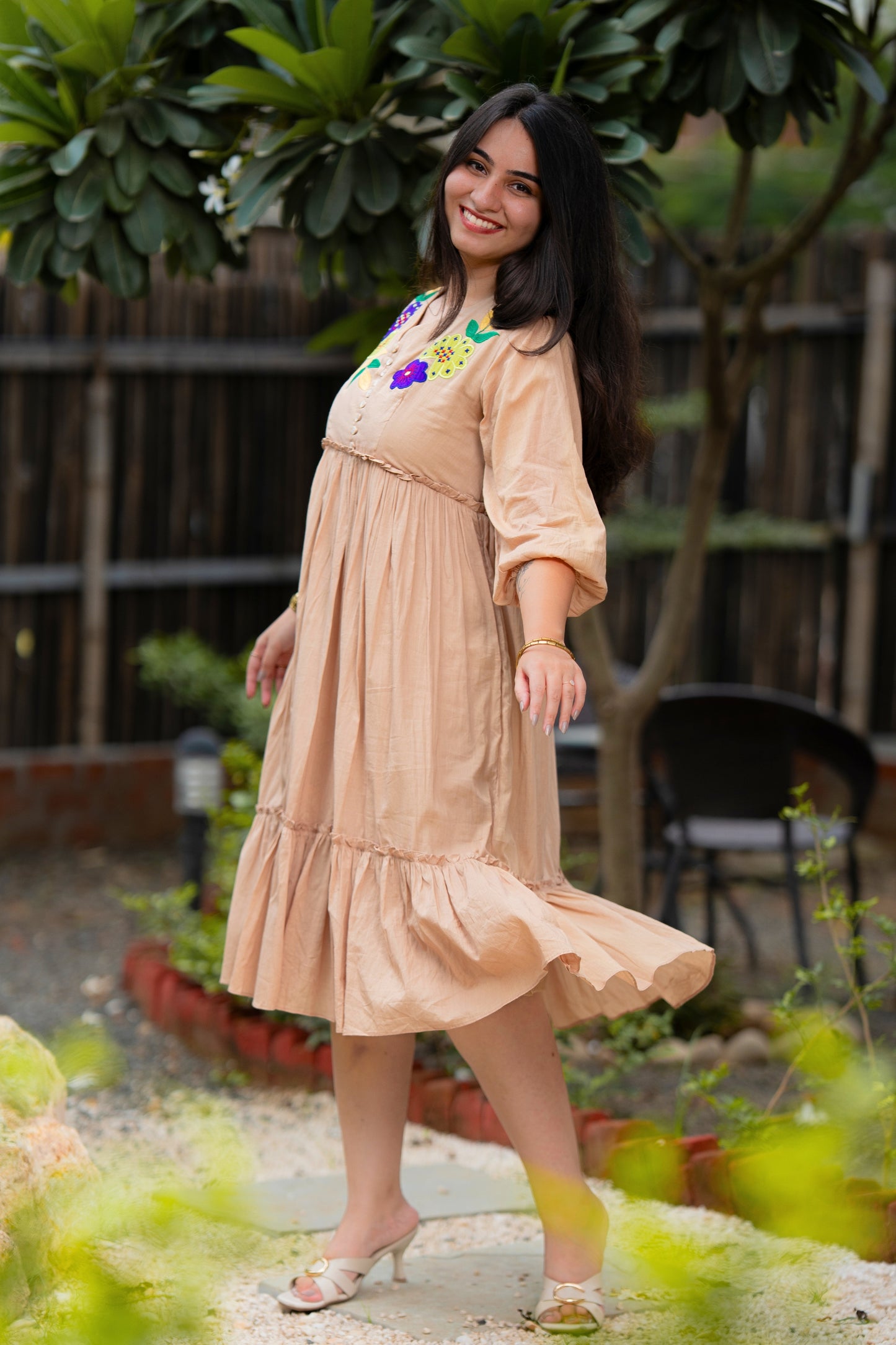 Beautiful Beige Mulmul Floral Dress