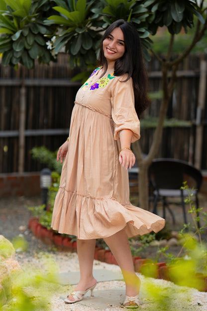 Beautiful Beige Mulmul Floral Dress