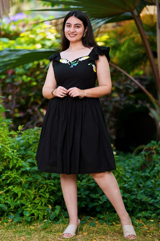 Black Flutter-Sleeve Mulmul Dress