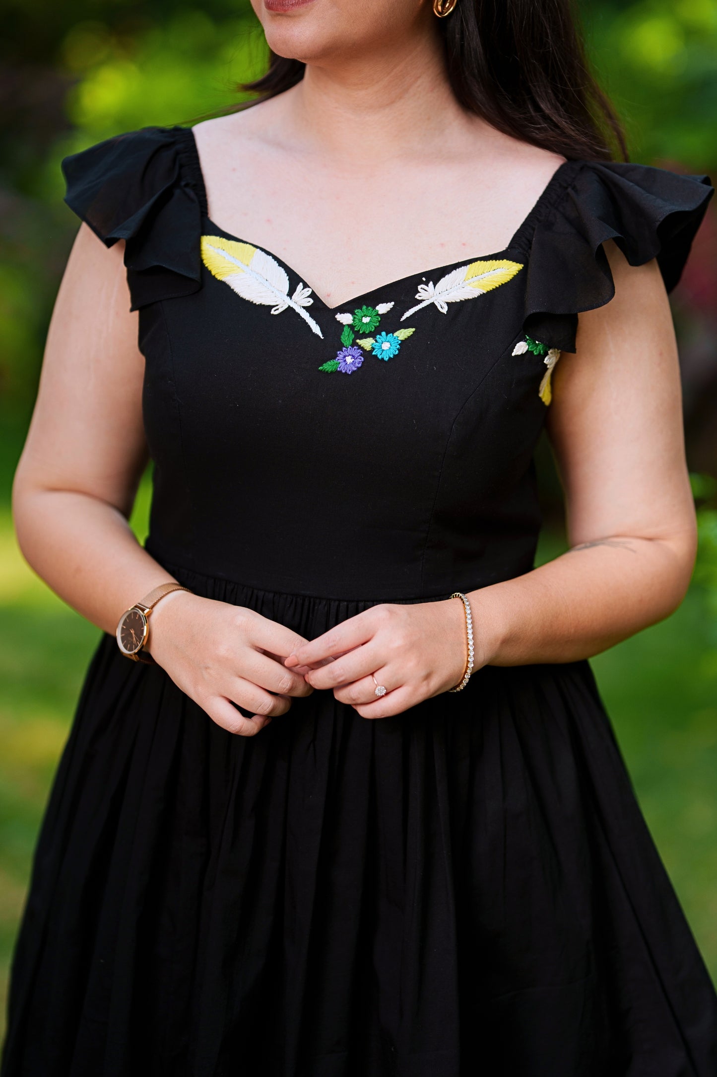 Black Flutter-Sleeve Mulmul Dress