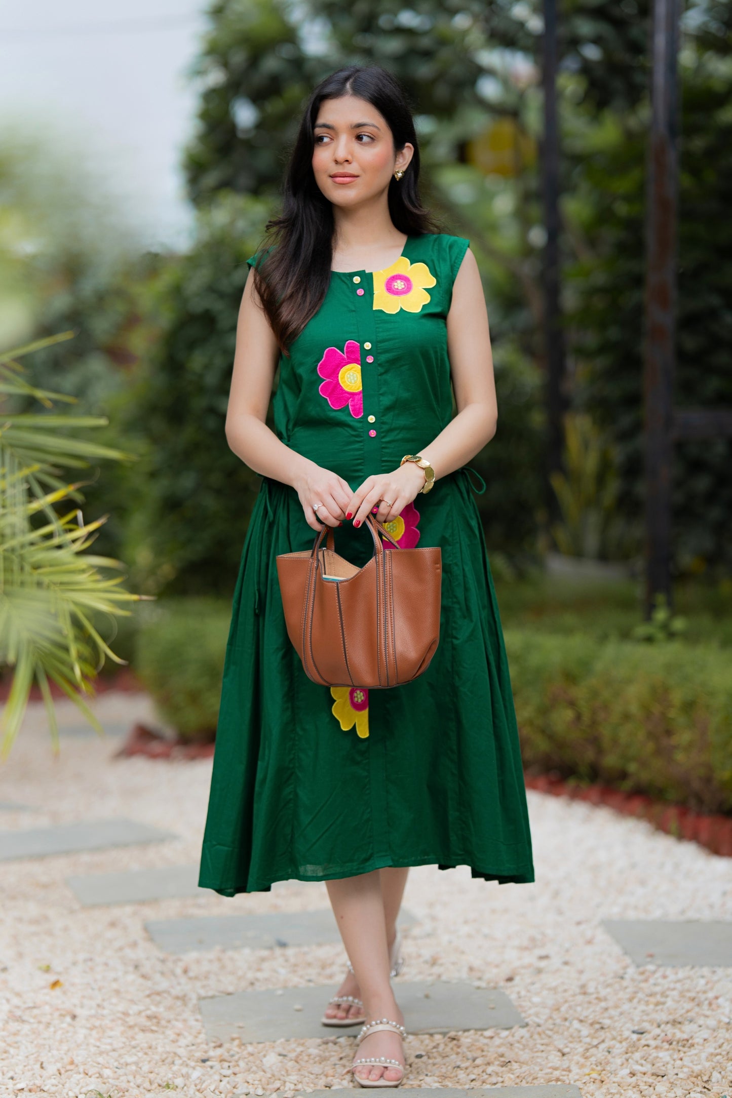 Bottle Green Multi Flower Mulmul Dress