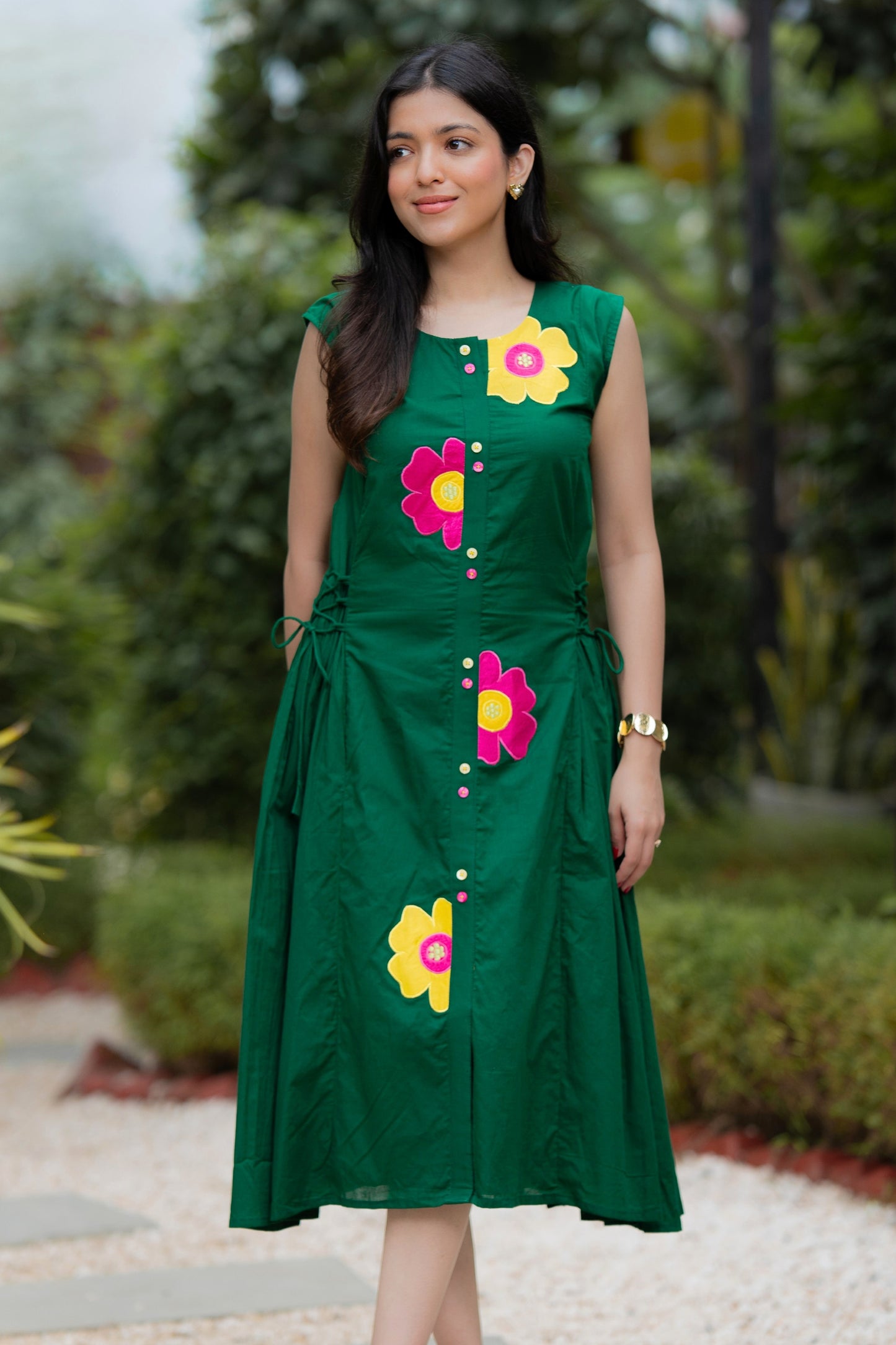 Bottle Green Multi Flower Mulmul Dress