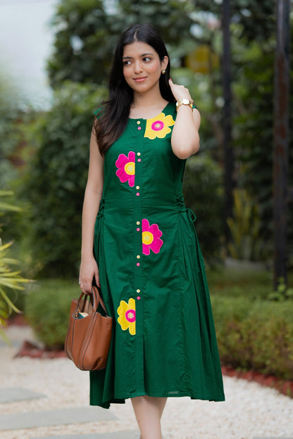 Bottle Green Multi Flower Mulmul Dress