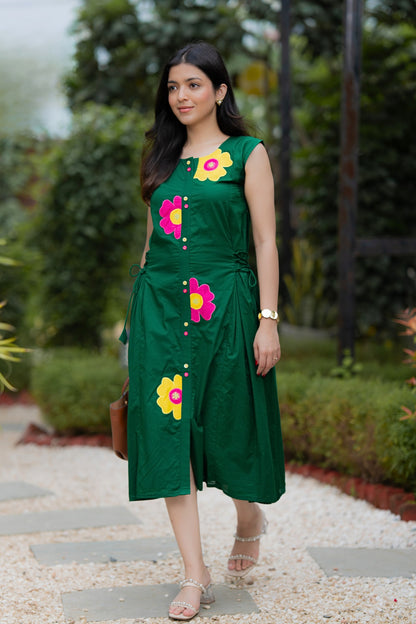Bottle Green Multi Flower Mulmul Dress