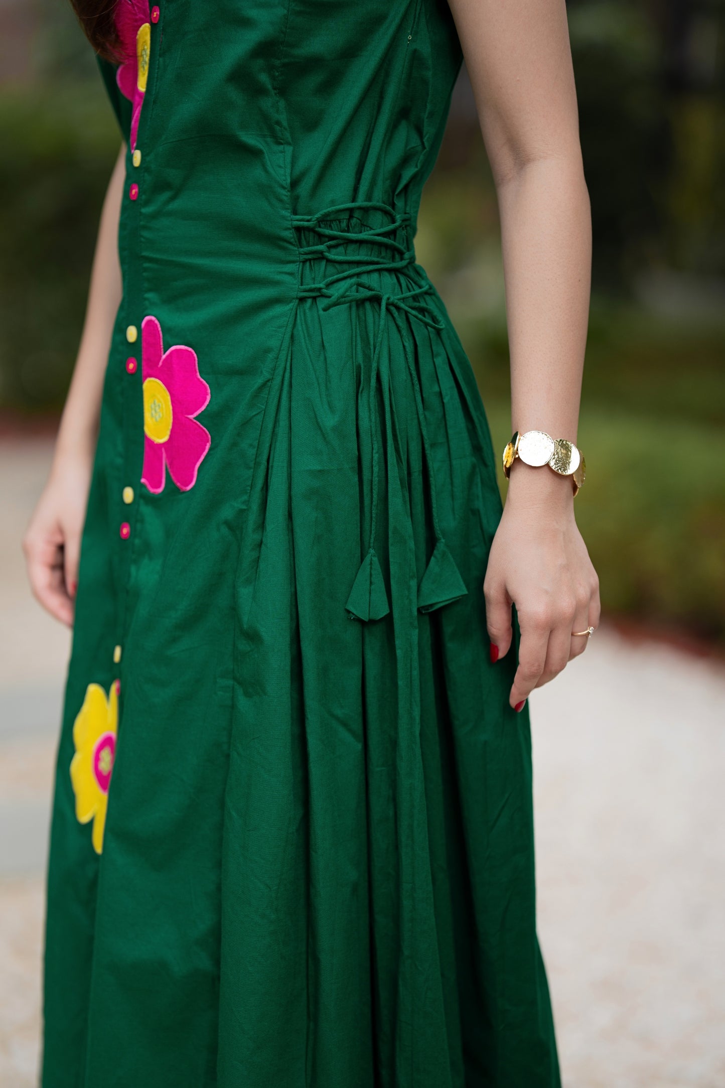Bottle Green Multi Flower Mulmul Dress