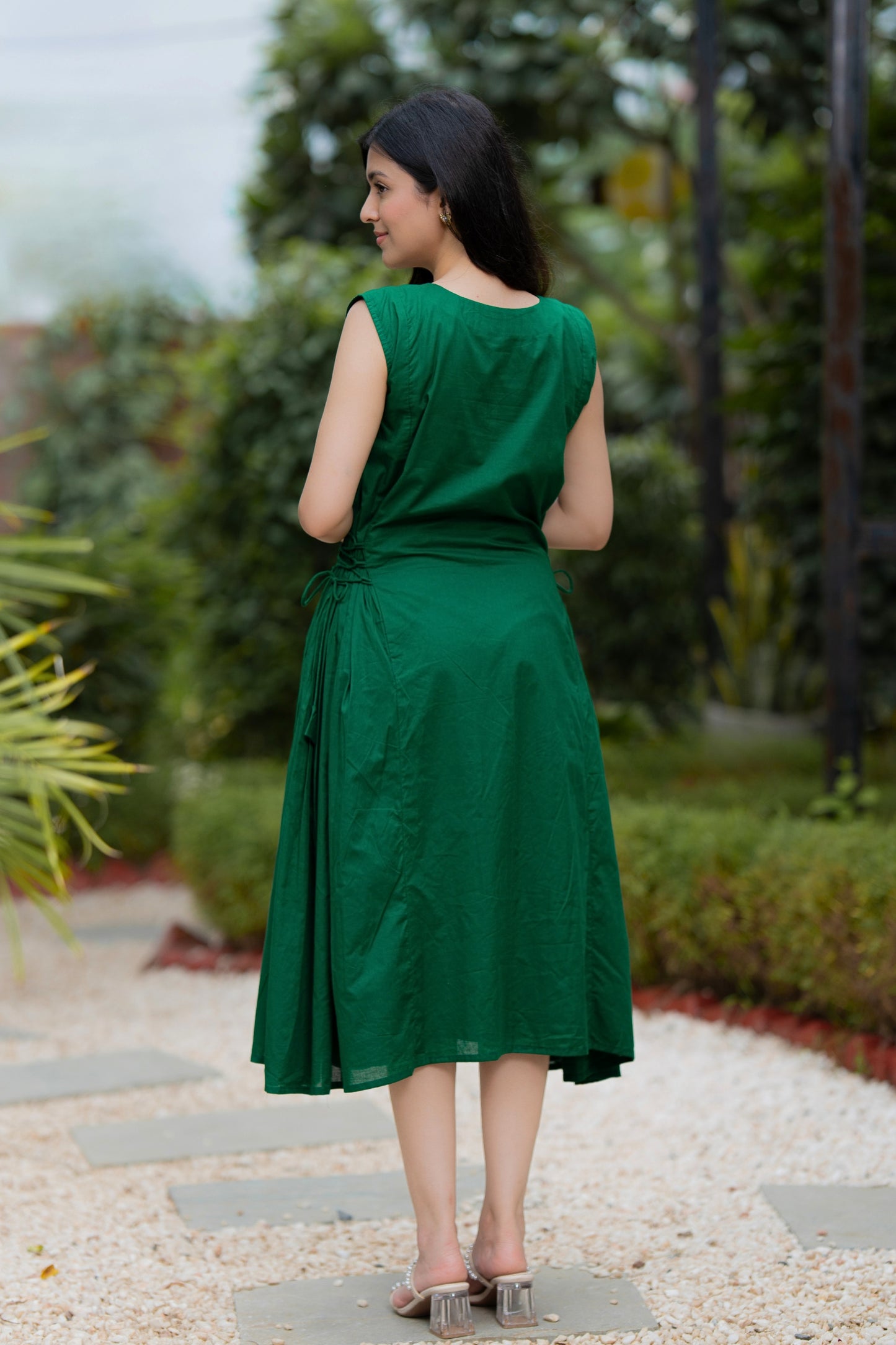 Bottle Green Multi Flower Mulmul Dress