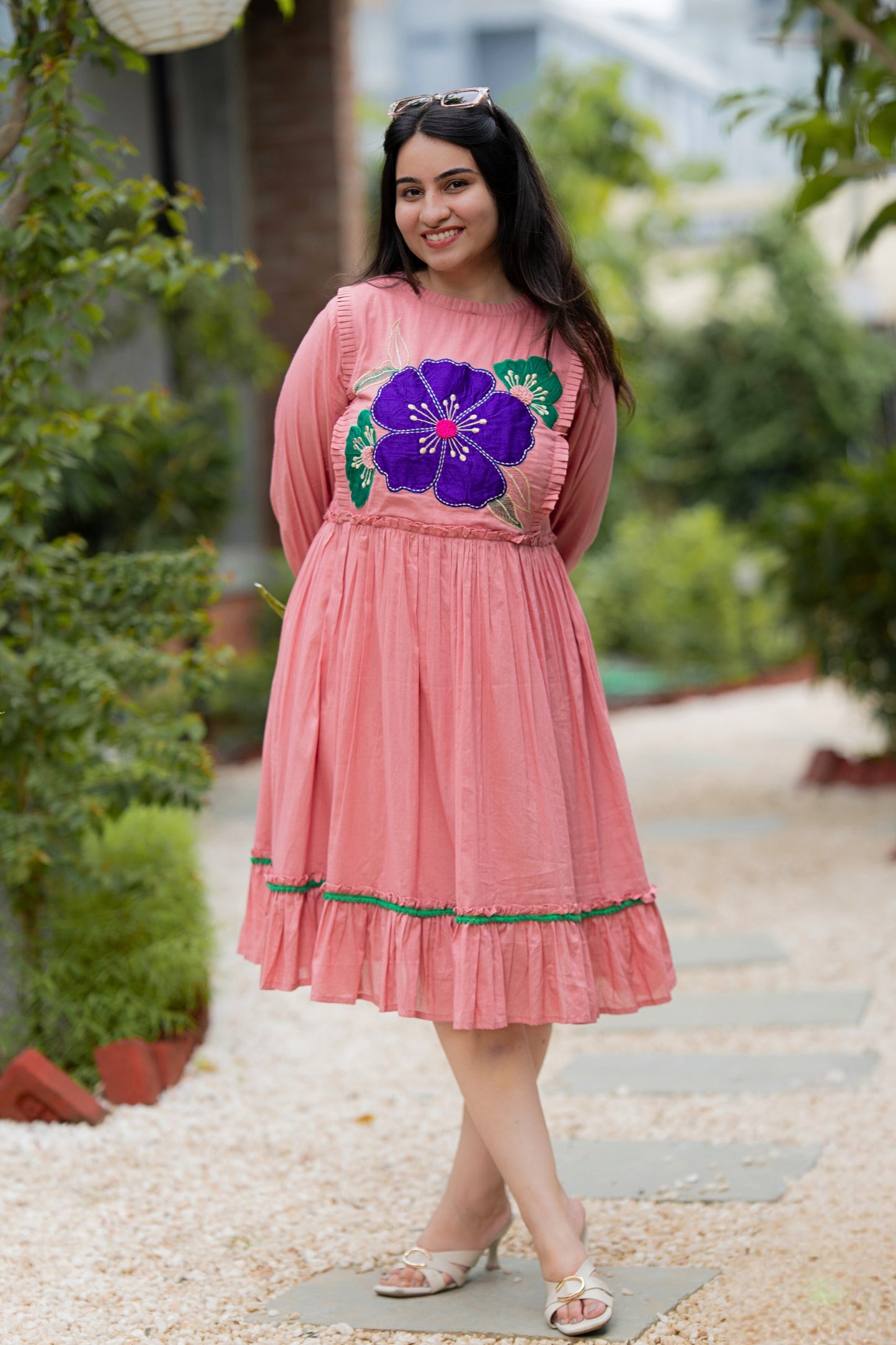 Peachy Pink Mulmul Floral Dress