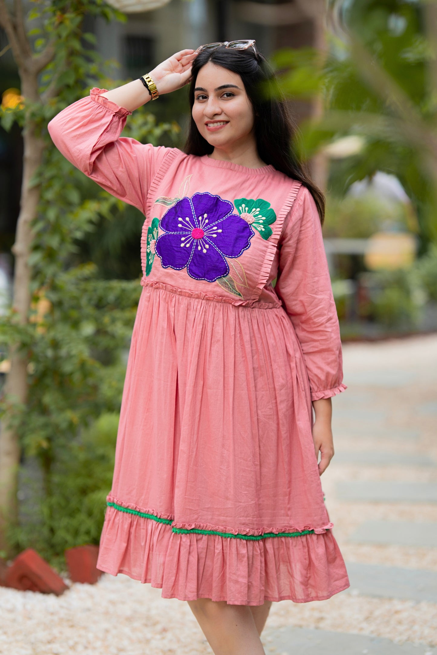 Peachy Pink Mulmul Floral Dress