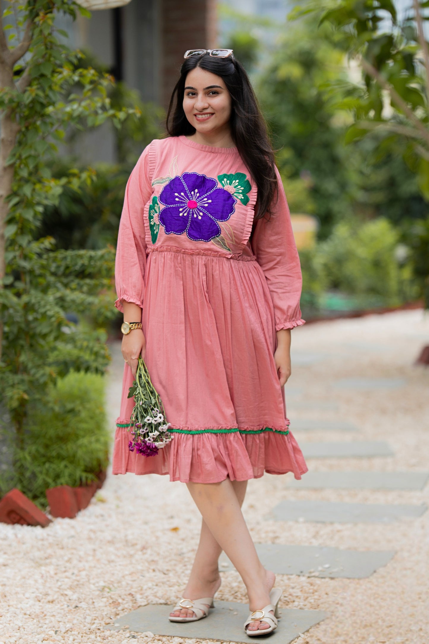 Peachy Pink Mulmul Floral Dress