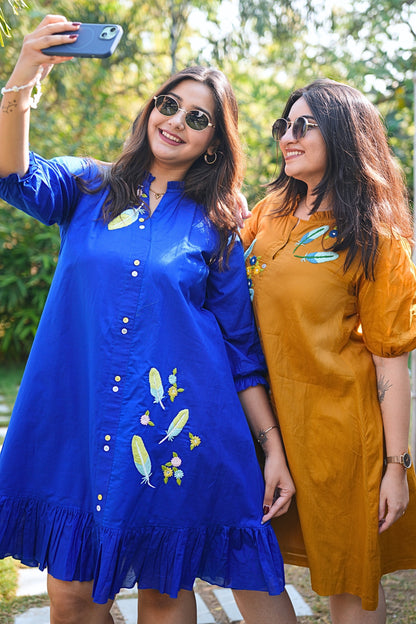 Mustard Mulmul Feather Dress