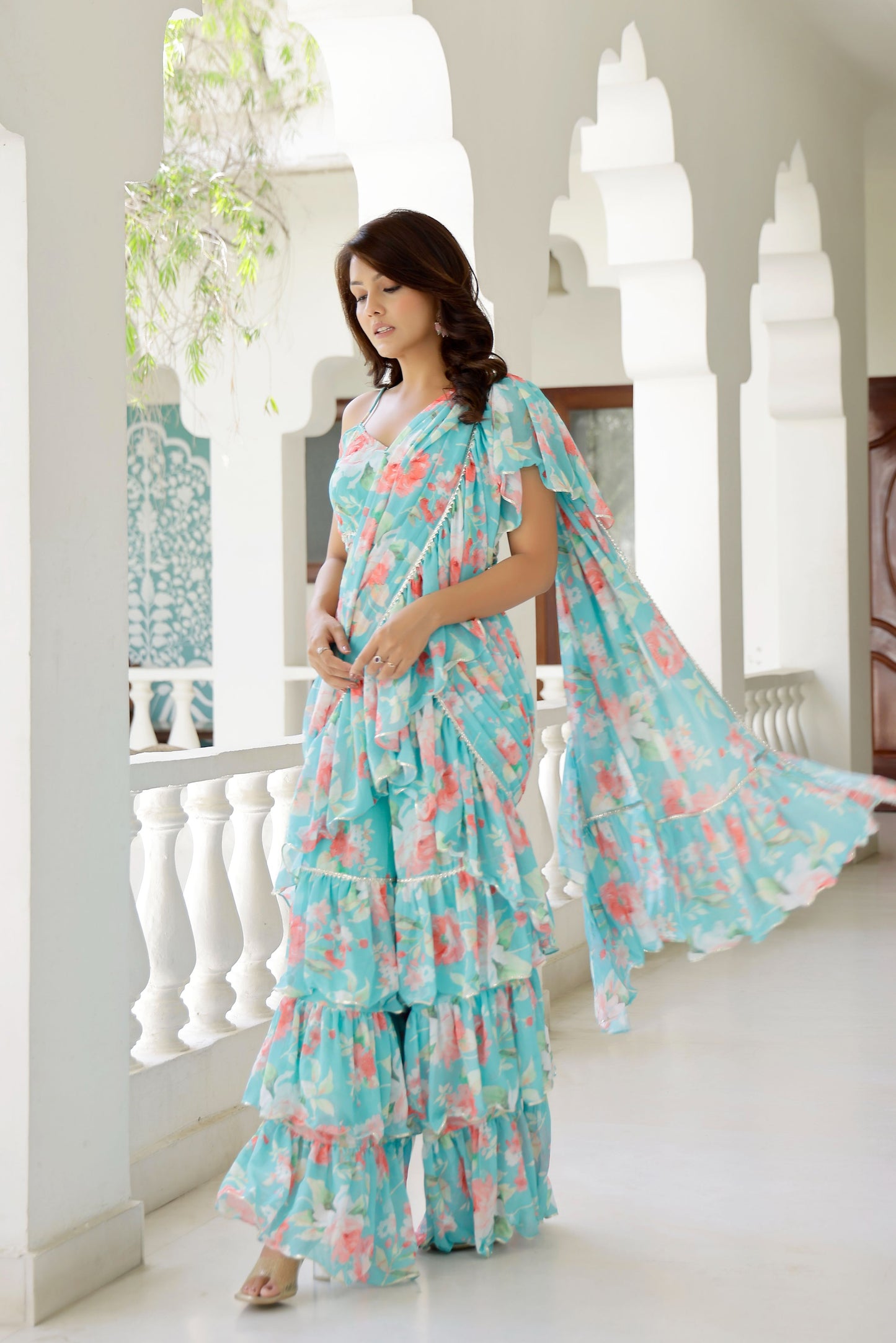 Blue Lily Floral Draped Saree