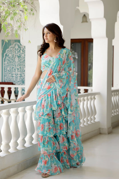 Blue Lily Floral Draped Saree