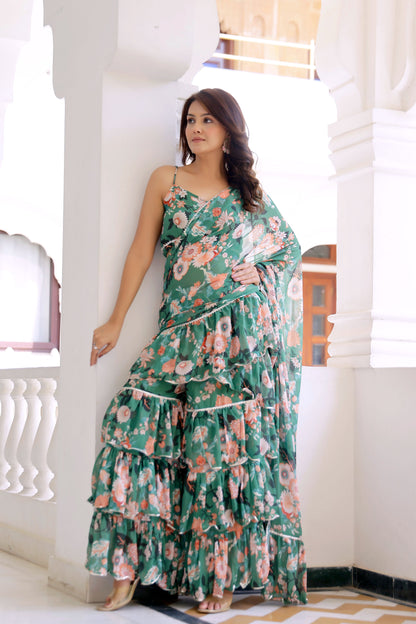 Green Lily Floral Draped Saree