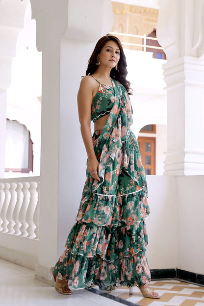 Green Lily Floral Draped Saree