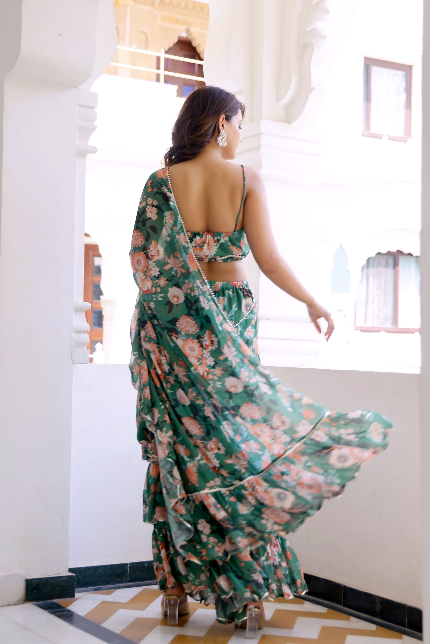 Green Lily Floral Draped Saree