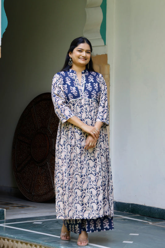 Navy Blue Printed Kurta Set