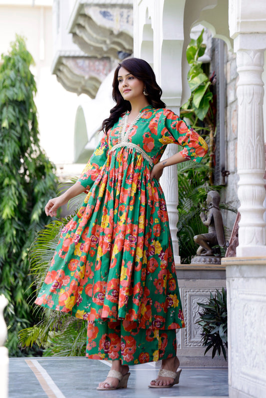 Green Floral Kurta Set