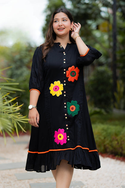 Black Multi Flower Mulmul Dress