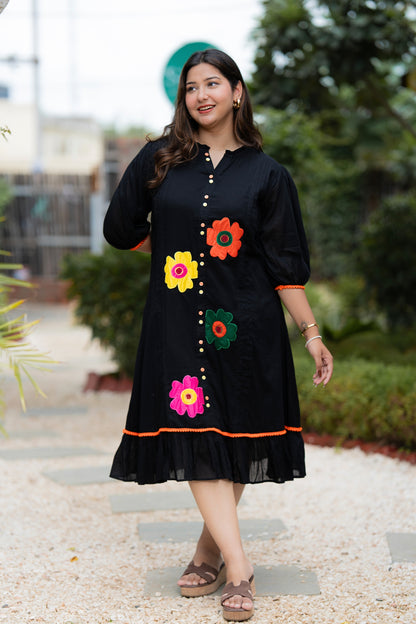 Black Multi Flower Mulmul Dress