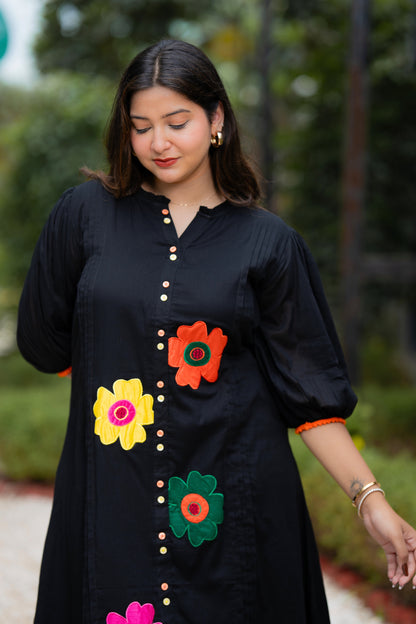 Black Multi Flower Mulmul Dress