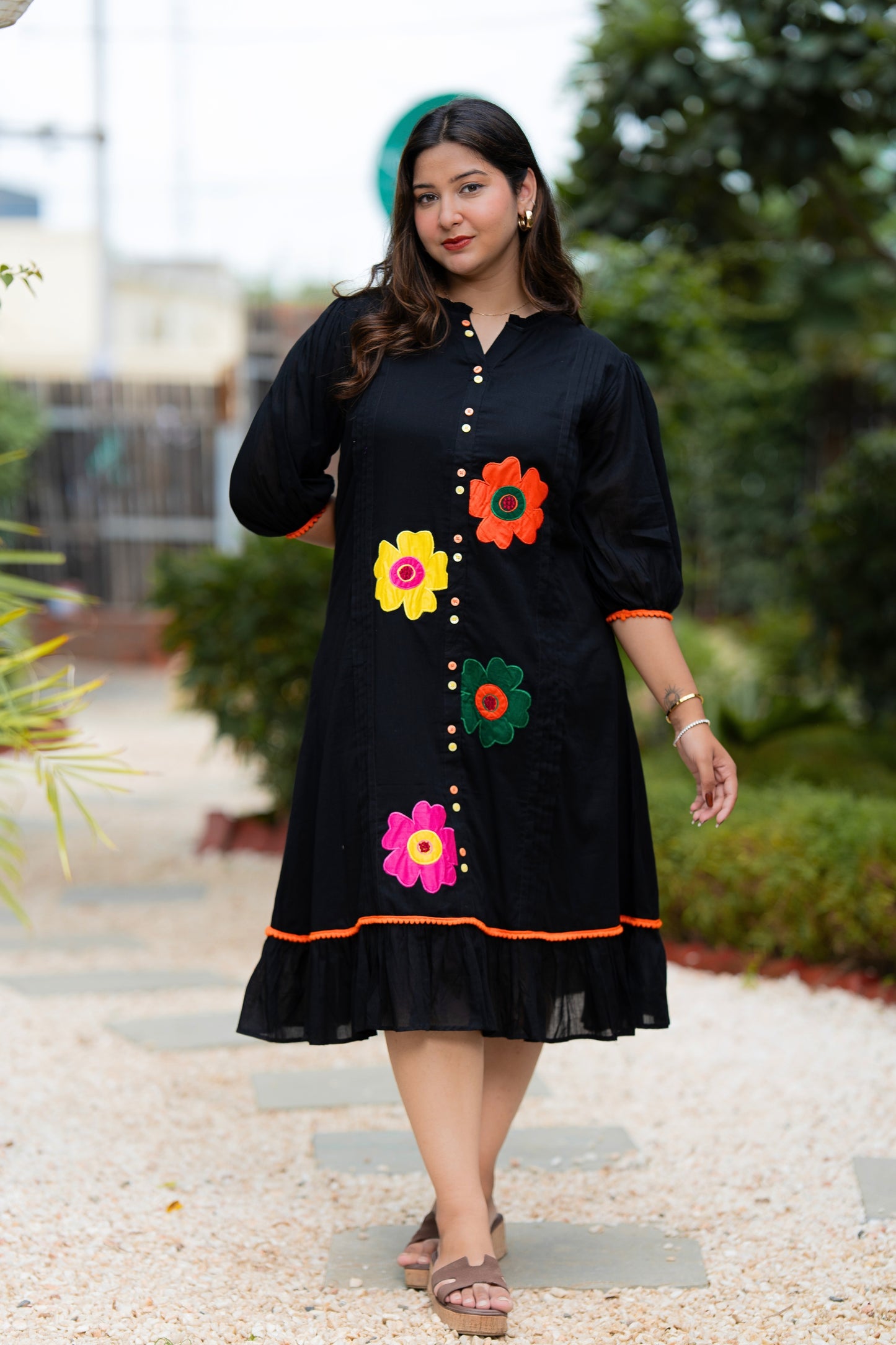 Black Multi Flower Mulmul Dress