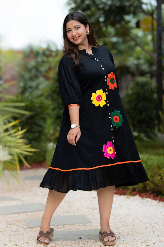 Black Multi Flower Mulmul Dress