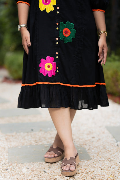 Black Multi Flower Mulmul Dress