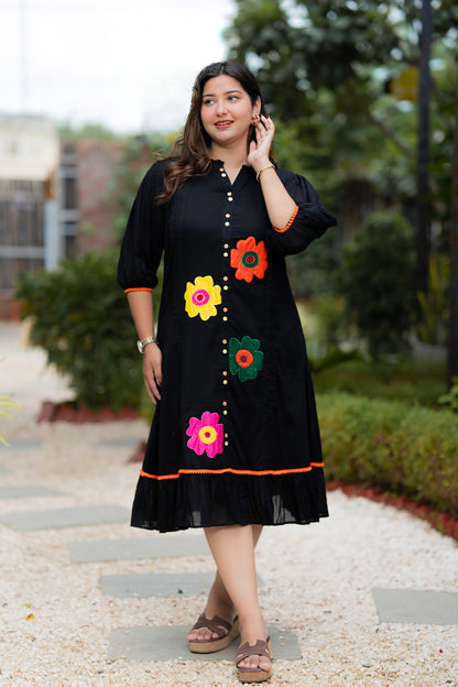 Black Multi Flower Mulmul Dress