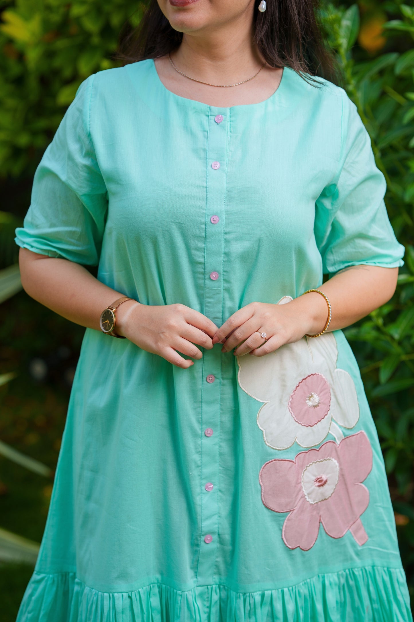 Sea Green Floral Mulmul Dress