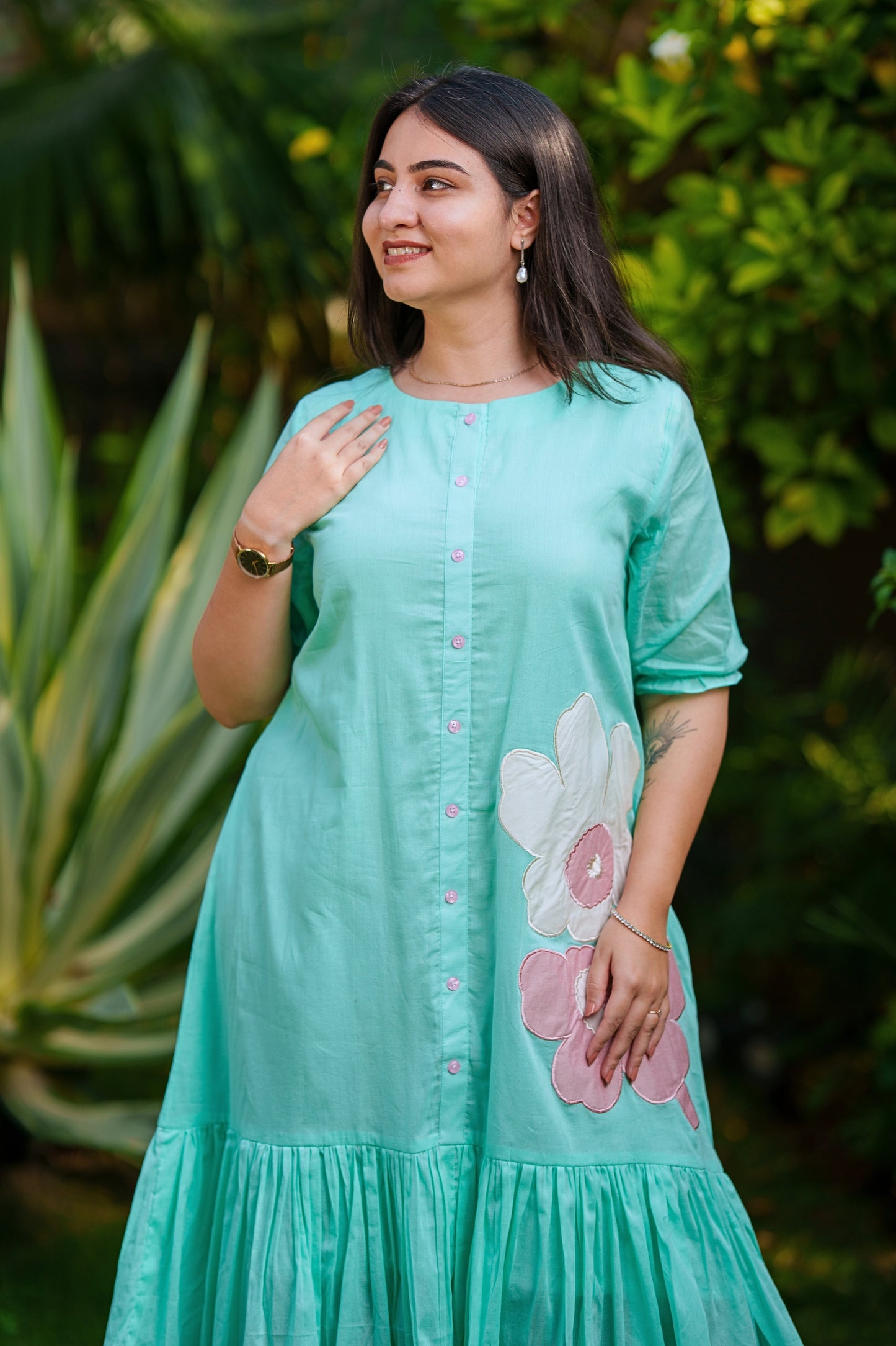 Sea Green Floral Mulmul Dress