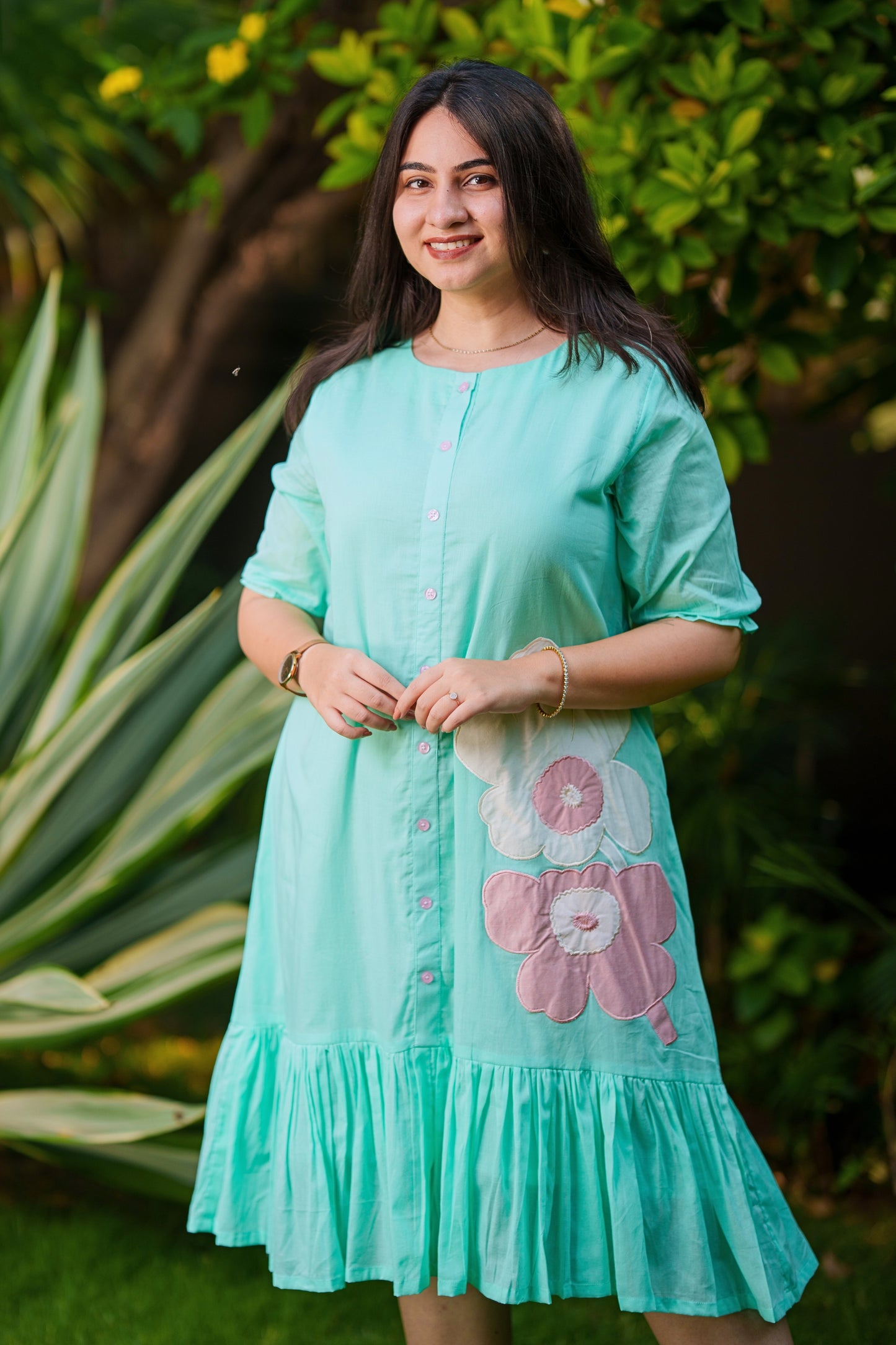 Sea Green Floral Mulmul Dress