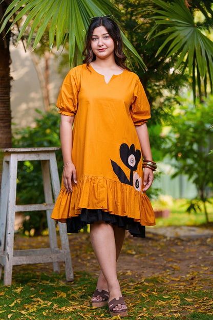 Retro Mustard Floral Mulmul Dress