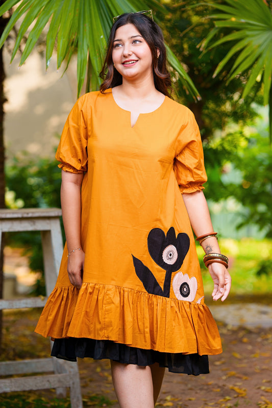 Retro Mustard Floral Mulmul Dress
