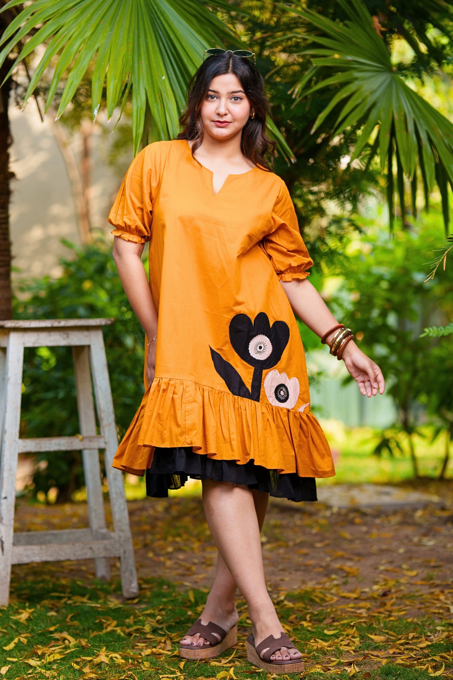 Retro Mustard Floral Mulmul Dress