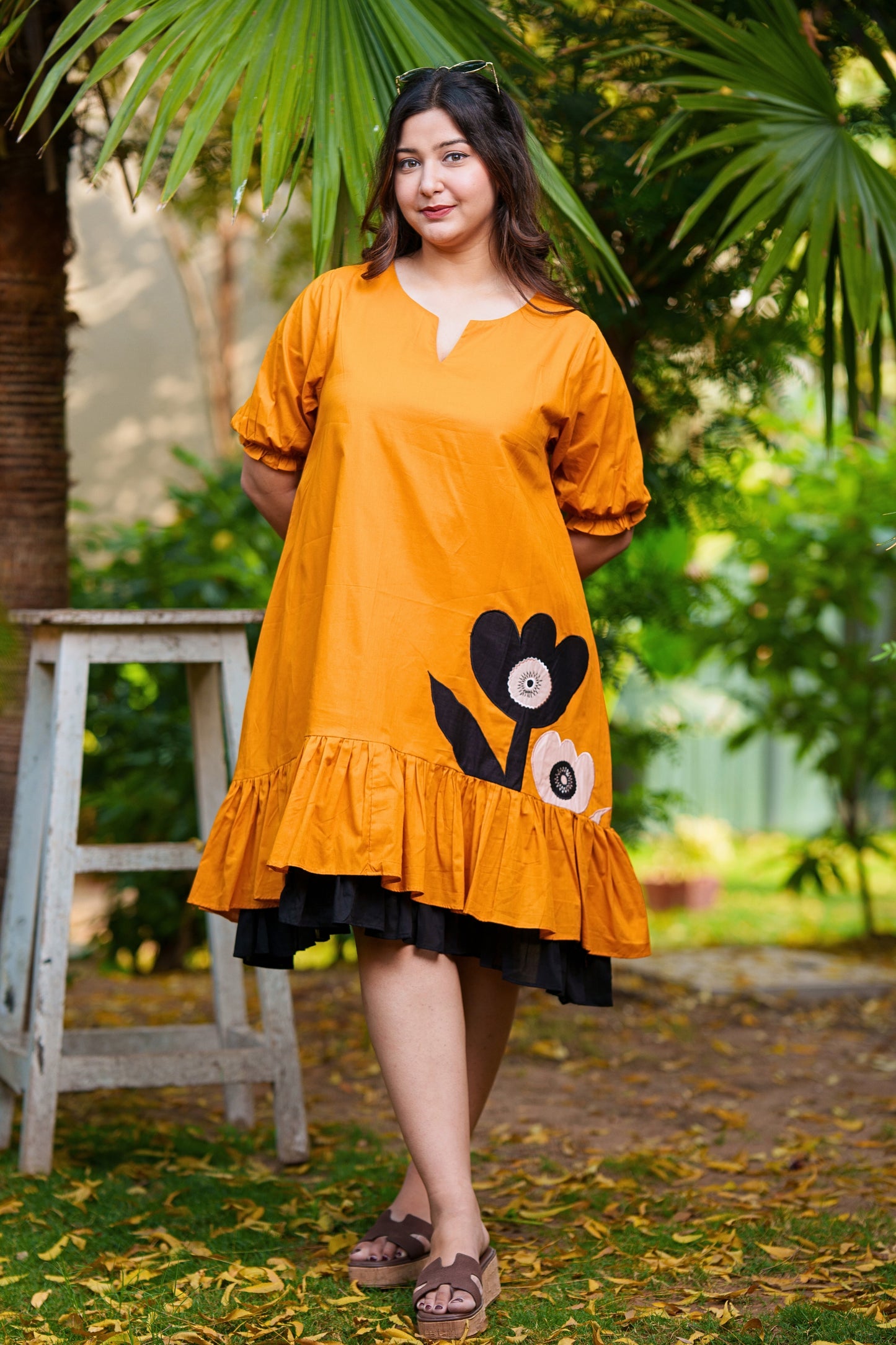 Retro Mustard Floral Mulmul Dress