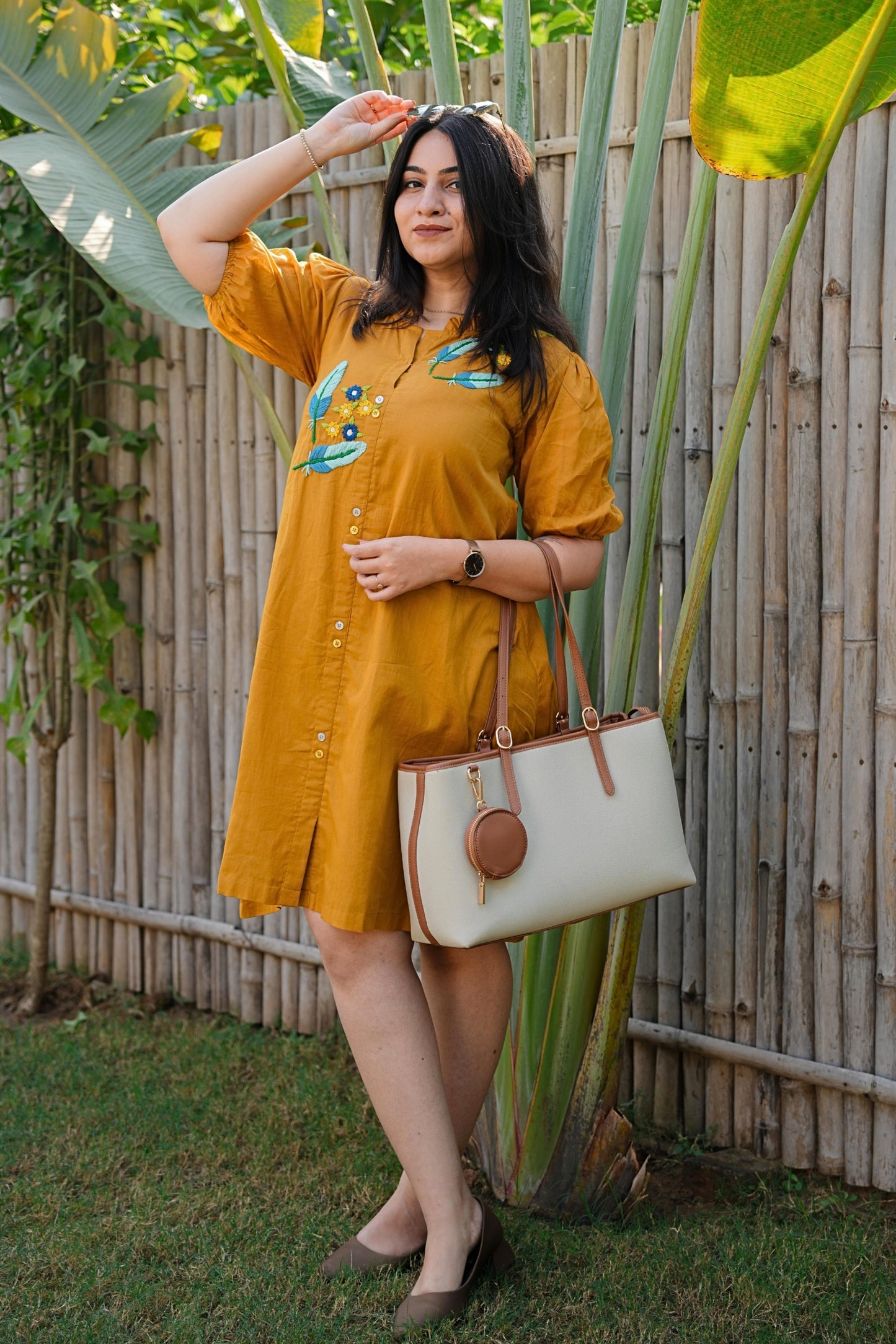 Mustard Mulmul Feather Dress