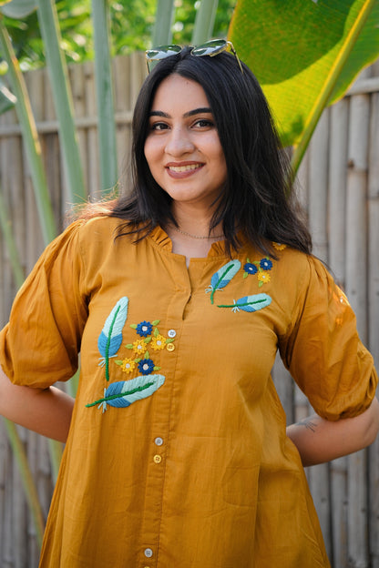 Mustard Mulmul Feather Dress
