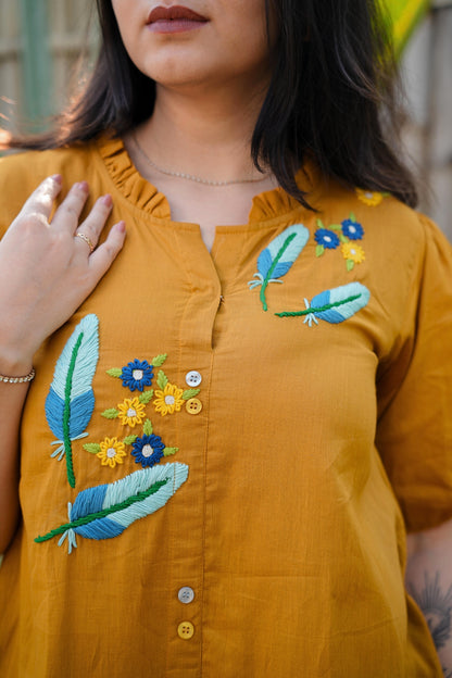 Mustard Mulmul Feather Dress