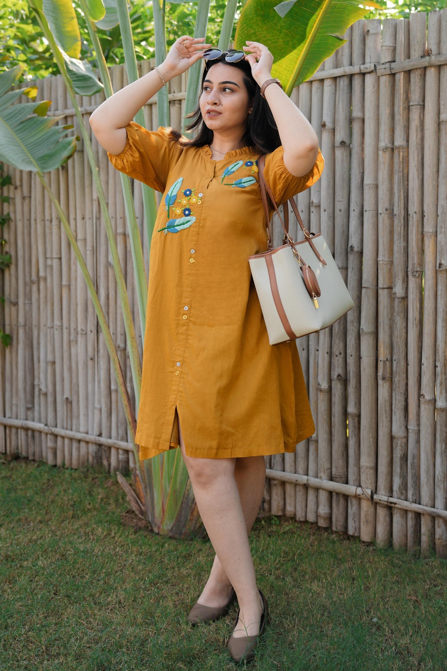 Mustard Mulmul Feather Dress