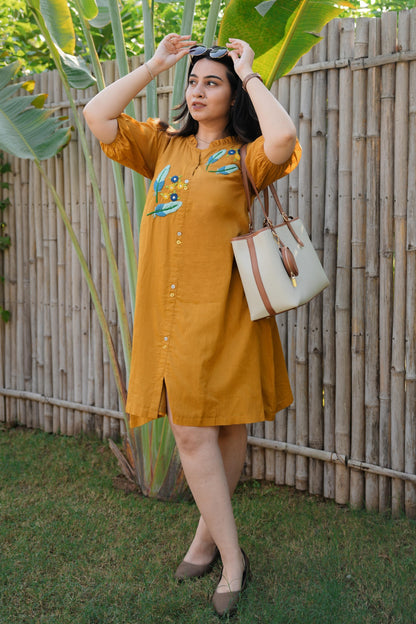 Mustard Mulmul Feather Dress