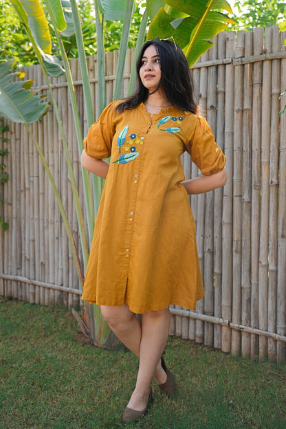 Mustard Mulmul Feather Dress