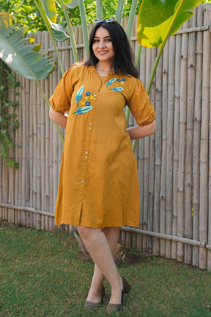 Mustard Mulmul Feather Dress