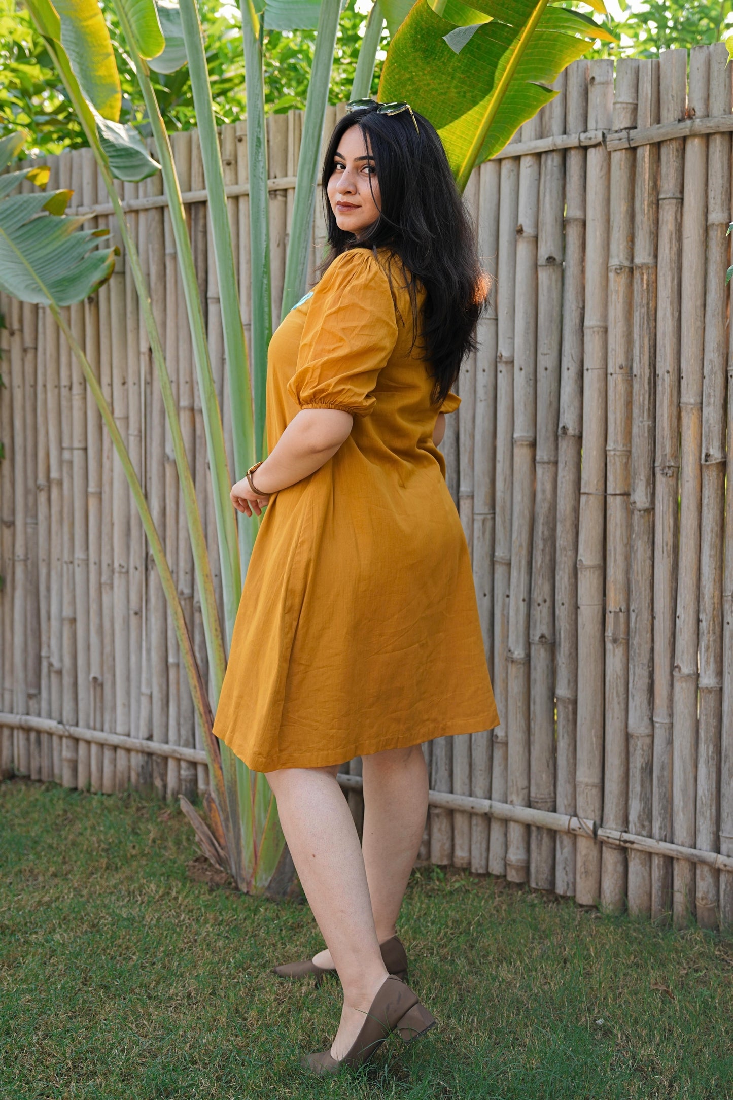 Mustard Mulmul Feather Dress