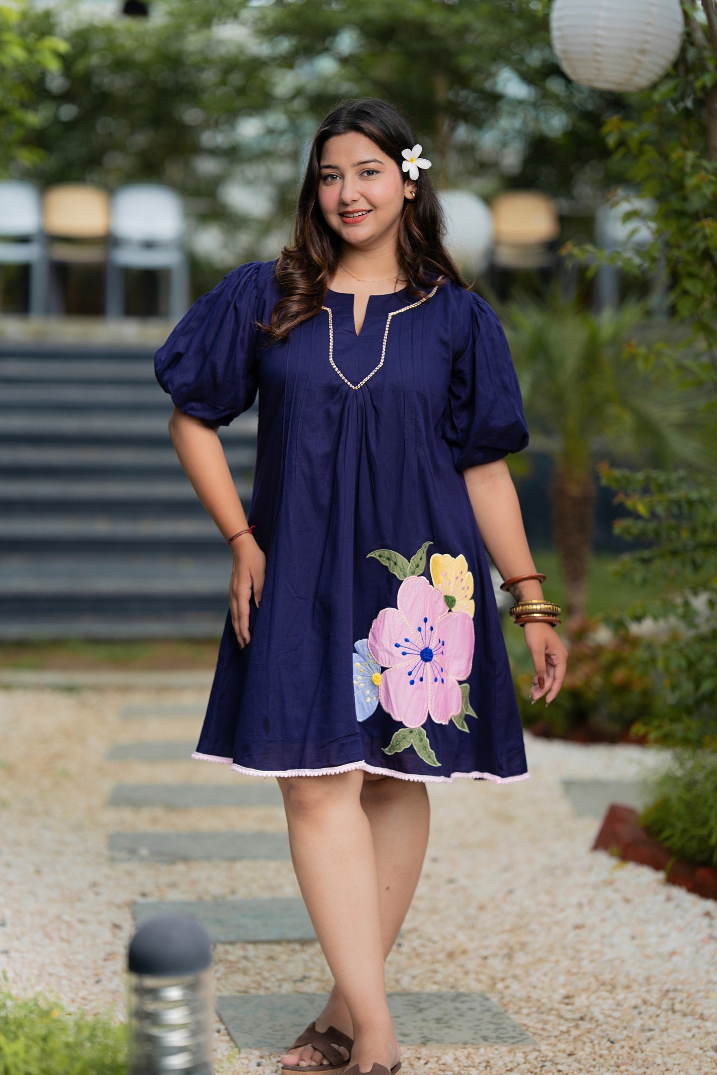 Navy Blue Mulmul Floral Dress