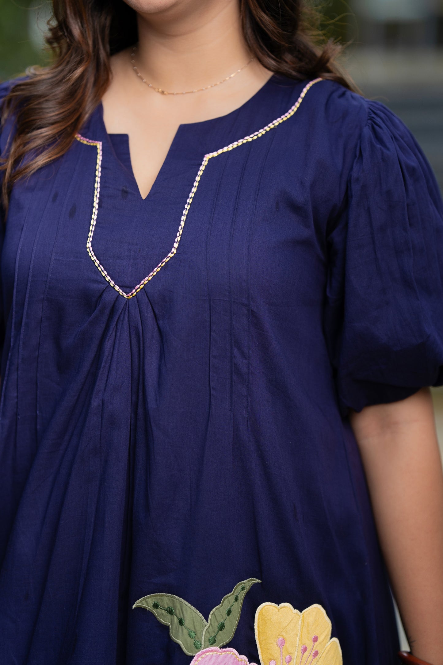 Navy Blue Mulmul Floral Dress