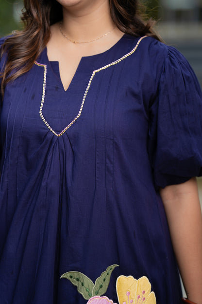 Navy Blue Mulmul Floral Dress
