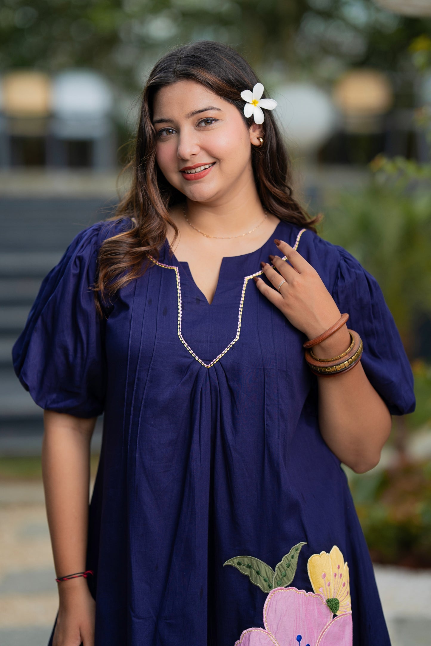 Navy Blue Mulmul Floral Dress